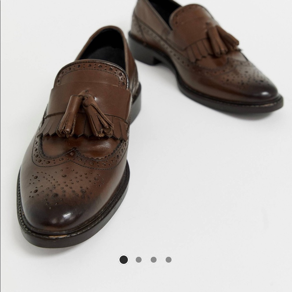 NEW. Asos loafers in brown leather with natural sole and fringe detail.